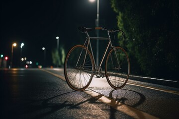 Naklejka na ściany i meble Nighttime bicycle parked on side road. Generative AI