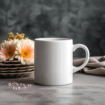 Coffee mug, a white cup on a table with a cupcake and flowers. Styled photo, product mockup, created with Generative AI technology Generative AI