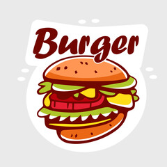 Vector illustration of a cheeseburger and burger lettering in cartoon style.