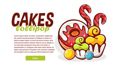 Vector illustration of desserts and lettering in cartoon style.