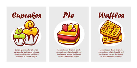 Vector cards of desserts in cartoon style: cupcakes, pie, waffles.
