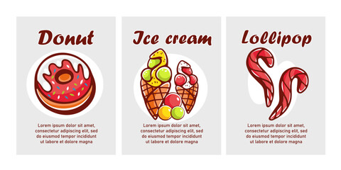 Vector cartoon style dessert cards and lettering: donut, ice cream and lollipop.