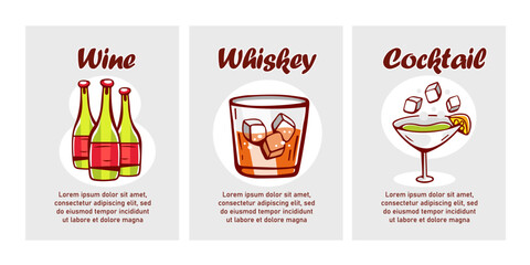 Vector cards of alcoholic drinks in cartoon style: wine, whiskey, cocktail.