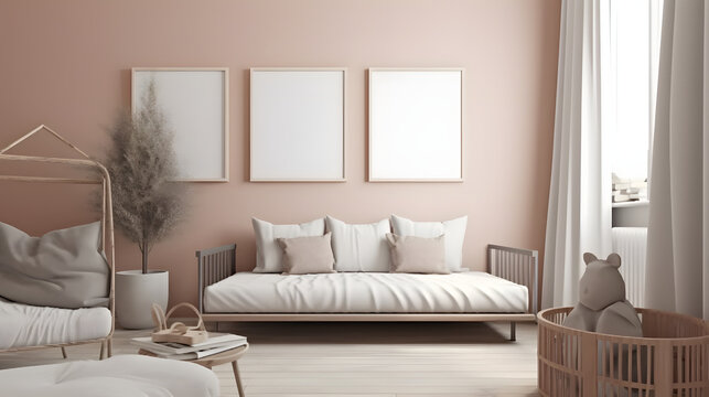 Mockup frame in interior background, room in light pastel colors, Scandi-Boho style, 3d render. High quality 3d illustration