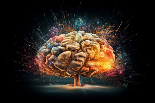 An imaginative image of a colorful brain exploding with creativity, emotions and ideas. Ai generated.