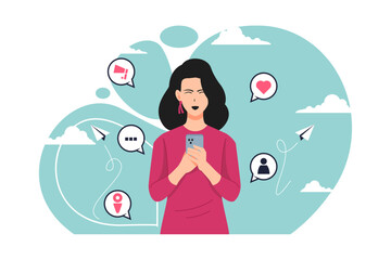 Woman using gadget. Social Media Interaction. Social Media Day Vector Illustration