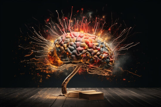 An imaginative image of a colorful brain exploding with creativity, emotions and ideas. Ai generated.