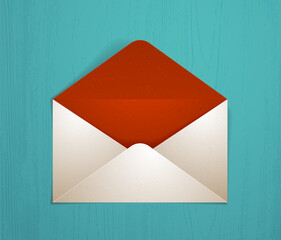 Empty postal envelope over wooden background realistic vector paper illustration, graphic design element message greeting mail mockup.