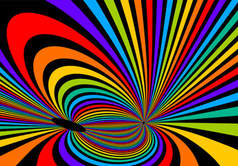Colorful rainbow abstract vector lines psychedelic optical illusion illustration, surreal op art linear curves in hyper 3D perspective, crazy distorted design, drug hallucination delirium, - obrazy, fototapety, plakaty