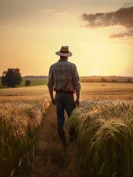 Back view of a male mid-aged farmer standing in the field. Man in jeans, shirt and hat looks at the ripe wheat at sunset. Generative AI.