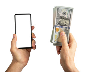 Hand holding mobile phone screen mockup and paper money, dollars isolated on white background