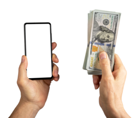 Hand holding mobile phone screen mockup and paper money, dollars isolated on white background