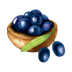 Watercolor hand drawn illustration of a bowl with ripe black olives and olive branch isolated on a white background.