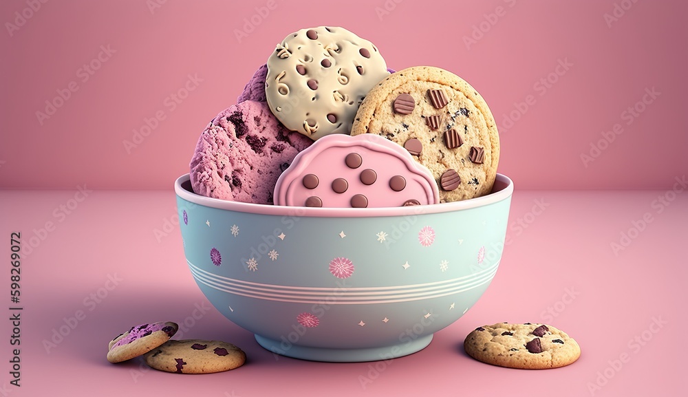 Poster cookie dough in a basin of pink frosting. generative ai generative ai
