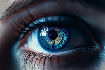 Fototapeta na wymiar A mesmerizing image of a human eye, with a close-up on the iris reflecting a stunning world. Ai generated.