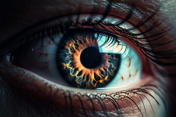 A mesmerizing image of a human eye, with a close-up on the iris reflecting a stunning world. Ai generated.