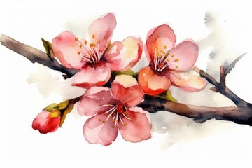 pink flowers on a branch in watercolor. Generative AI Generative AI
