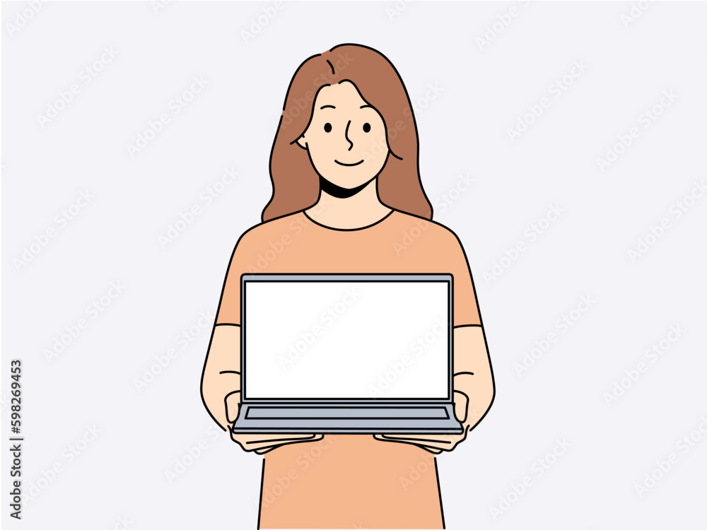 Poster smiling woman with open laptop. happy female user with computer with empty mockup screen. technology
