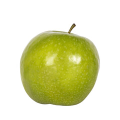 Fresh green apple standing upright. Isolated cutout on a transparent background.