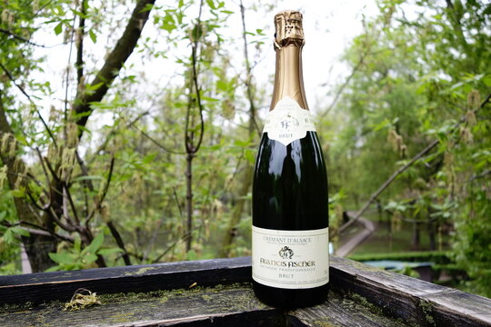 Bottle of Clermant d'Alsace French sparkling wine in early May - Moscow, Russia - April 28, 2023