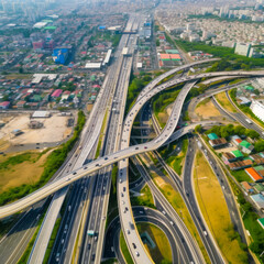 Fototapeta na wymiar Air view of the cityscape with wide range of intertwining highways. Complicated traffic system of metropolis. Generative AI.