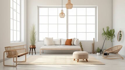 modern Boho style and inspired living room space with indoor plants and boho furniture, neutral earth tone paint colors, bright and airy,  AI-generated