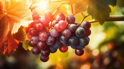 Vineyard background summer grape fruit. Beautiful background sunrise. AI generated.