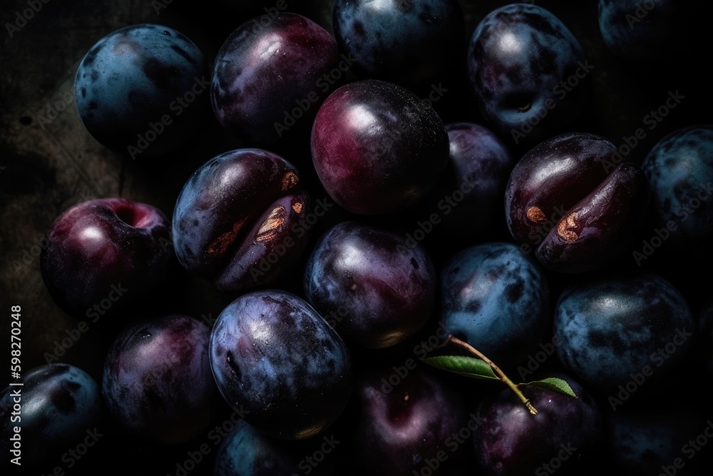 Poster heap of ripe plums with a green leaf on the top. generative ai generative ai