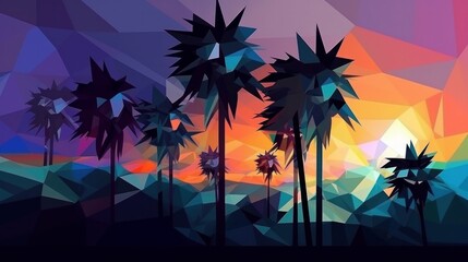 Blue palm trees at sunset, colorful polygonal illustration. AI generated.