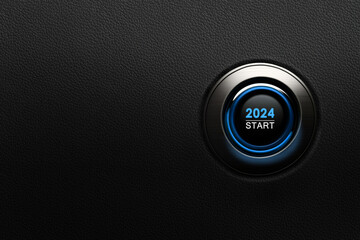 Start button Year 2024 blue glow on black leather background