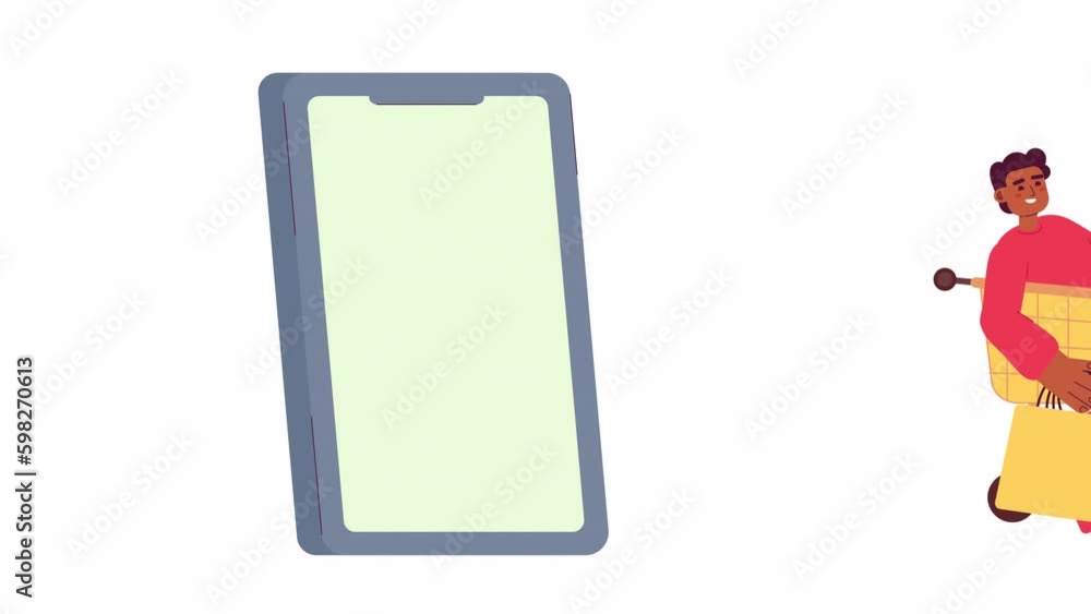 Poster successful online purchase animation. animated smiling guy in trolley rolling out of phone 2d cartoo