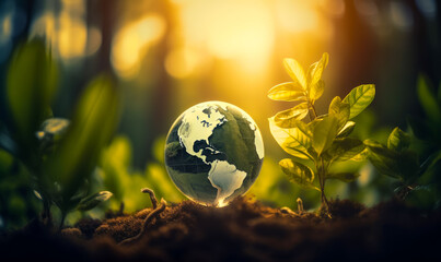 Obraz na płótnie Canvas Small glass globe on the ground among the tree sprouts. Endless universe concept. Green concept. Blurred backdrop. Generative AI.