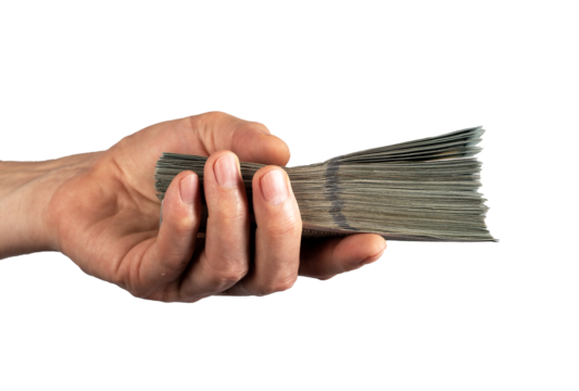 Hand giving money stack, dollar bills isolated on white background
