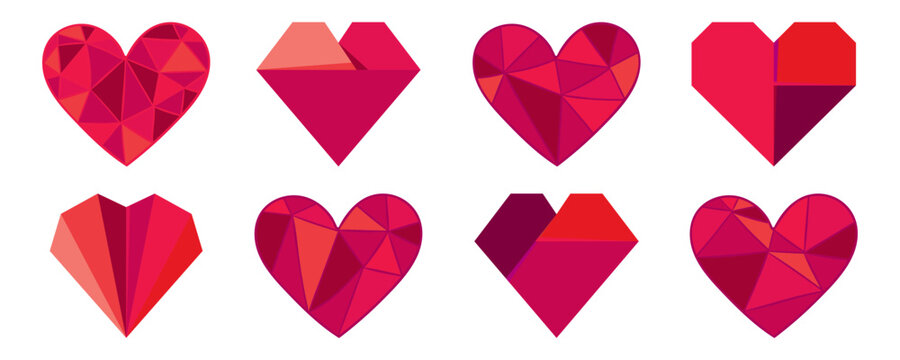 Red triangle love heart logo collection. Set of red heart icons