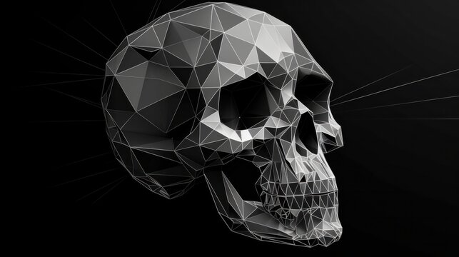 Human skull black and white polygonal style. AI generated.