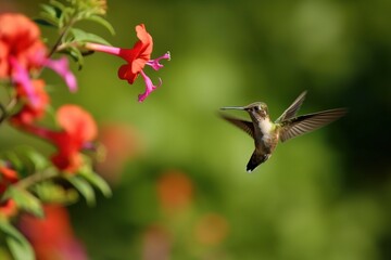 A hummingbird hovering in front of a flowe