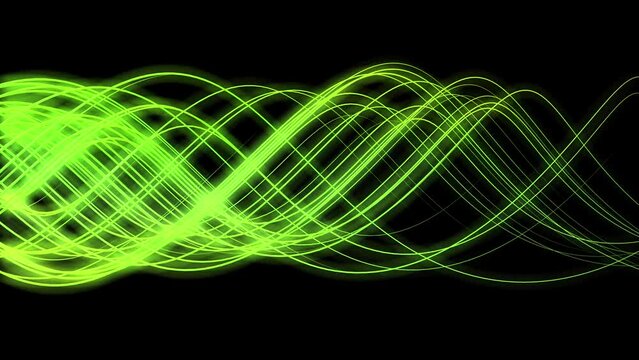 Green neon winding spiral lines are moving on a black background. Glow of an abstract object. 3D animation.