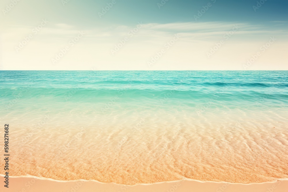 Poster serene sandy beach with clear blue ocean and sky in the backdrop. generative ai generative ai