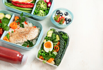 Different types healthy meals in containers, Takeout food menu, top view, copy space