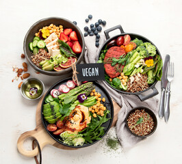 Healthy vegetarian and vegan  salads and Buddha Bowls with vitamins, antioxidants, protein on light  background.