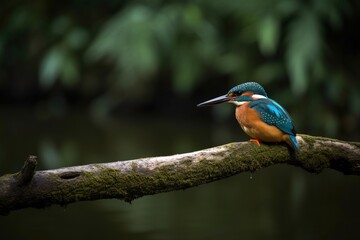 A kingfisher perched on a branch overhanging a rive