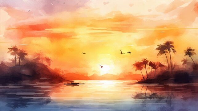 Peaceful tropical background sunset in the tropic in watercolor style. AI generative.