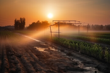 An image of a modern irrigation system, using technology to efficiently water crops and plants. Ai generated.