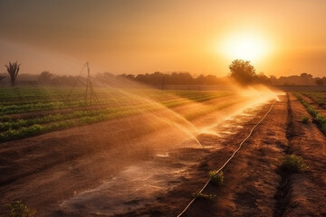 An image of a modern irrigation system, using technology to efficiently water crops and plants. Ai generated.