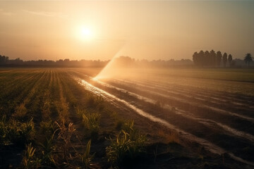 An image of a modern irrigation system, using technology to efficiently water crops and plants. Ai generated.
