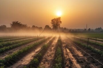 An image of a modern irrigation system, using technology to efficiently water crops and plants. Ai generated.