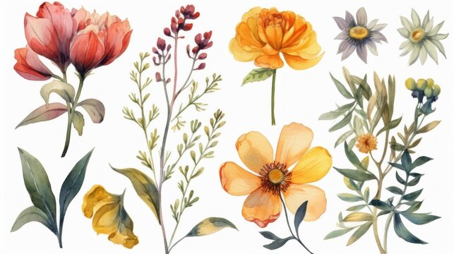 Spring flowers. Botanical design elements in watercolor style. AI generative.