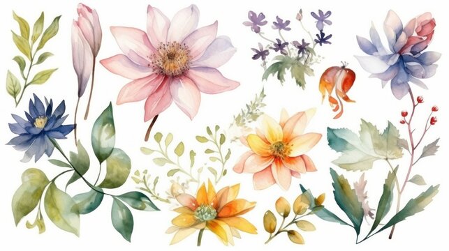 Spring flowers. Botanical design elements in watercolor style. AI generative.