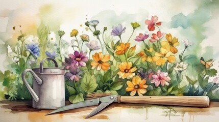Spring flowers with the gardening tools in the garden in watercolor style. AI Generative.