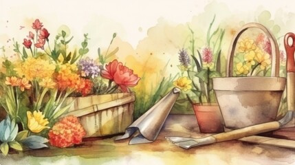 Spring flowers with the gardening tools in the garden in watercolor style. AI Generative. - obrazy, fototapety, plakaty